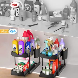 2 Pack Under Sink Organizer with Hooks & Hanging Cups, 2-tier Double Pull-out Drawer Kitchen Under Sink Storage for Canned Sauce, Salad etc, Bathroom Counter Organizer for Spice Makeup Cosmetics