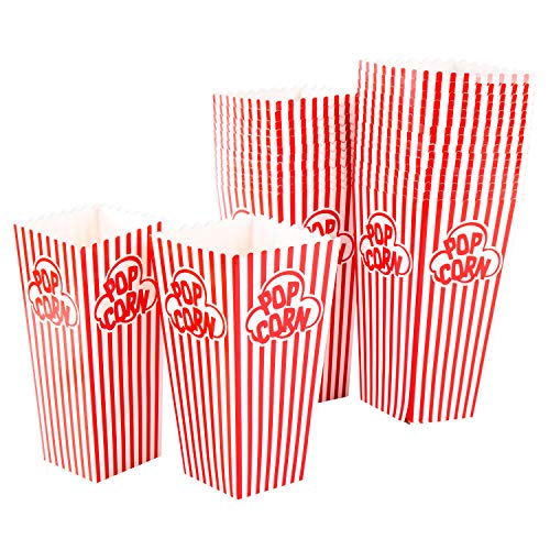 GSM Brands Popcorn Containers Boxes (100 Pack) - Striped White and Red Paper - for Home Movie Theater