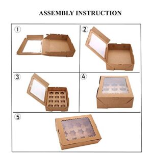 Tcoivs 15-Set Cupcake Boxes Hold 12 Standard Cupcakes, Cupcake Containers with Windows and Inserts, Brown Cupcake Carrier, Food Grade Kraft Cupcake Holders