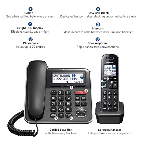 Panasonic Expandable Corded/Cordless Phone System with Answering Machine and One Touch Call Blocking – 1 Handset - KX-TGB850B (Black)