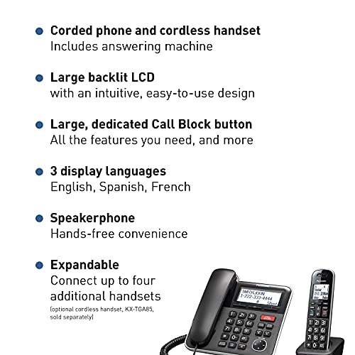 Panasonic Expandable Corded/Cordless Phone System with Answering Machine and One Touch Call Blocking – 1 Handset - KX-TGB850B (Black)