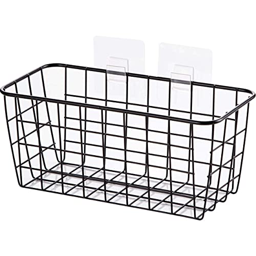 LeleCAT Hanging Kitchen Baskets For Storage Adhesive Sturdy Small Wire Storage Baskets with Kitchen Food Pantry Bathroom Shelf Storage No Drilling Wall Mounted,2 PACK,Black