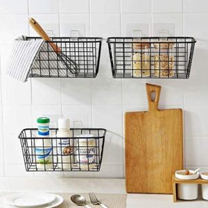LeleCAT Hanging Kitchen Baskets For Storage Adhesive Sturdy Small Wire Storage Baskets with Kitchen Food Pantry Bathroom Shelf Storage No Drilling Wall Mounted,2 PACK,Black