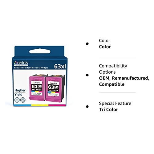 Ankink Higher Yield 63XL Color Ink Cartridges 2 Pack Replacement for HP Ink 63 XL for Officejet 3830 4650 4652 4655 5200 5252 5255 5258 Envy 4520 4512 Deskjet 1112 2132 3630 3632 Printer HP63 Tricolor