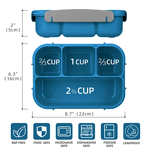 Bento Box,Bento Box Adult Lunch Box, Lunch Box Containers for Toddler/Kids/Adults, 1300ml-4 Compartments&Fork, Leak-Proof, Microwave/Dishwasher/Freezer Safe, Bpa-Free(Blue)
