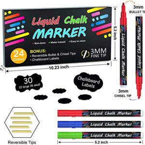 Shuttle Art Chalk Markers, 24 Vibrant Colors Liquid Chalk Markers Pens for Chalkboards, Windows, Glass, Cars, Erasable, 3mm Reversible Fine Tip with 30 Chalkboard Labels for Office Home Supplies