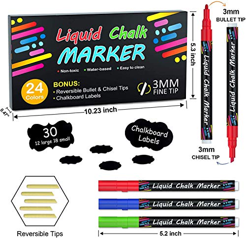 Shuttle Art Chalk Markers, 24 Vibrant Colors Liquid Chalk Markers Pens for Chalkboards, Windows, Glass, Cars, Erasable, 3mm Reversible Fine Tip with 30 Chalkboard Labels for Office Home Supplies