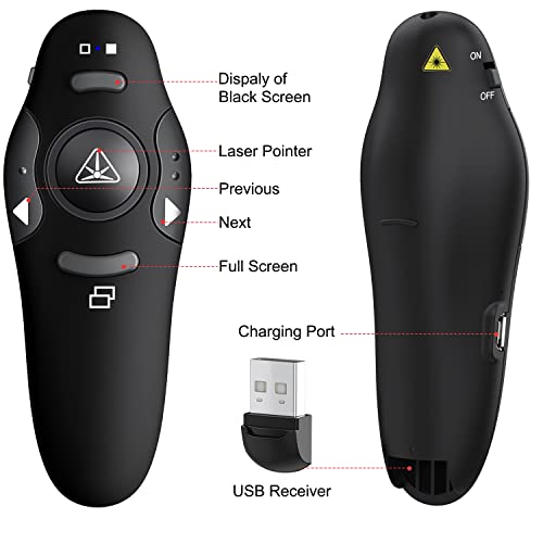 Rechargeable Presentation Clicker with Red Laser Pointer, Wireless Presenter Remote for PPT Clicker, 2.4GHz Presentation Remote Slide Advancer Powerpoint Clicker for Mac/Computer/Laptop/Keynote…
