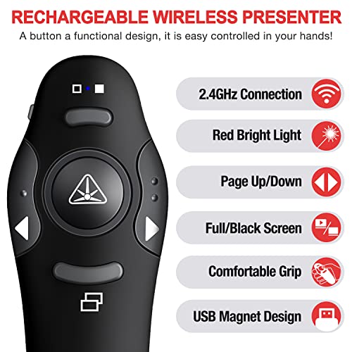 Rechargeable Presentation Clicker with Red Laser Pointer, Wireless Presenter Remote for PPT Clicker, 2.4GHz Presentation Remote Slide Advancer Powerpoint Clicker for Mac/Computer/Laptop/Keynote…