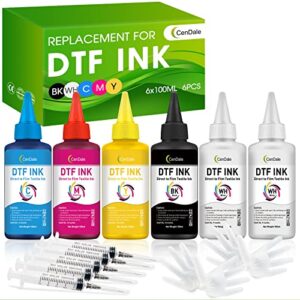 cendale premium dtf ink 600ml- dtf transfer ink for pet film, refill for dtf printers epson l1800, l800, r2400, p400, p800, xp-15000, heat transfer printing direct to film ( 100ml x 6, cmyk wh )