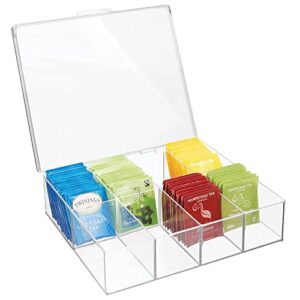 mdesign tea storage organizer box – 8 divided sections, easy-view hinged lid – use in kitchen, pantry, and cabinets; holder for tea bags, packets, small items and accessories, bpa free – clear