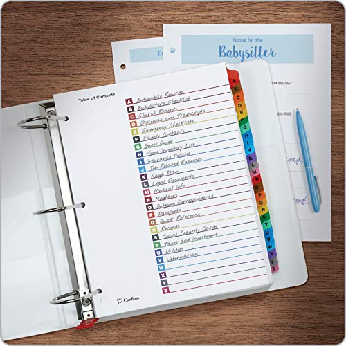 Cardinal A-Z Tab Dividers for 3 Ring Binders, Customizable Table of Contents Page with Multicolor A-Z Tabs, 3 Sets (63218)