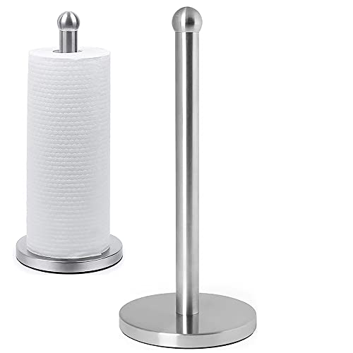 DAWNER Countertop Stainless Steel Paper Towel Holder Modern Stand Up, Easy One-Handed Tear Kitchen Paper Towel Dispenser with Heavy Base for Standard Paper Towel Rolls, Decorative Brushed Nickel