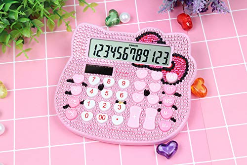 Cute Calculator Cat Crystal Calculator Girl and Women Pink Calculator Large LCD Display Dual Drive by Solar Energy and Battery for School Office Home(5.5Inch *4.9Inch)