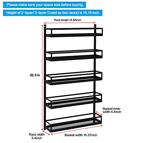 X-cosrack Wall Mount Spice Rack Organizer 5 Tier Height-Adjustable Hanging Spice Shelf Storage for Kitchen Pantry Cabinet Door, Dual-Use Seasoning Holder Rack with Hooks, Black-Patented