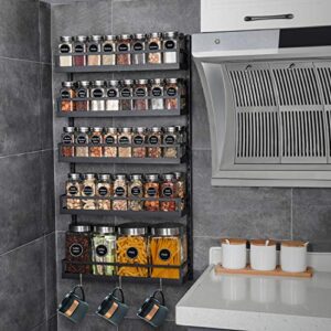 X-cosrack Wall Mount Spice Rack Organizer 5 Tier Height-Adjustable Hanging Spice Shelf Storage for Kitchen Pantry Cabinet Door, Dual-Use Seasoning Holder Rack with Hooks, Black-Patented