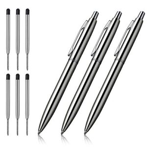 ChaoQ Ballpoint Pen, 3 Pcs Retractable Metal Ballpoint Pens, for Gift, Business, Office, 1.0mm Medium Point Black Ink, 6 Extras Replaceable Metal Refills, (3 Pens and 6 Refills) - Stainess Steel