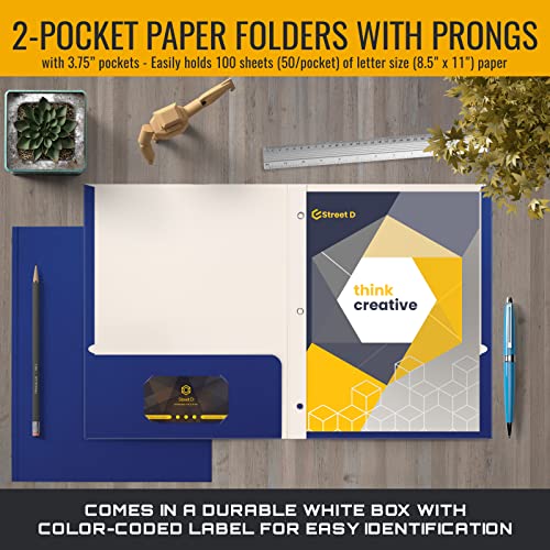 Blue Paper 2 Pocket Folders with Prongs, 50 Pack, by Better Office Products, Matte Texture, Letter Size Paper Folders, 50 Pack, with 3 Metal Prong Fastener Clips, Blue