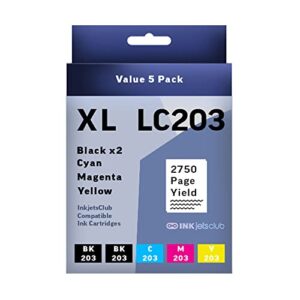 inkjetsclub brother lc203 high yield ink cartridge ink cartridge replacement 5 pack value pack. includes 2 black, 1 cyan, 1 magenta and 1 yellow compatible ink cartridges