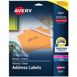 avery 6521 glossy crystal clear address labels for laser & inkjet printers, 1″ x 2-5/8″, 300 labels