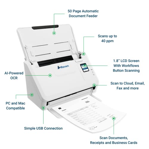 Raven Select Document Scanner for Windows PC and Mac Computer, Color, Two Sided Duplex, Auto Document Feeder (ADF), Scan to Cloud, Home or Office Desktop, USB