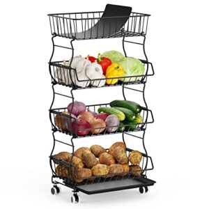onion and potato storage, packism 4 tier fruit vegetable storage basket with protective mats, rolling cart vegetable storage with lockable wheels for kitchen, bathroom, pantry – black