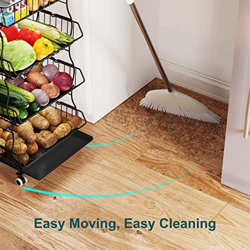 Onion and Potato Storage, Packism 4 Tier Fruit Vegetable Storage Basket with Protective Mats, Rolling Cart Vegetable Storage with Lockable Wheels for Kitchen, Bathroom, Pantry - Black