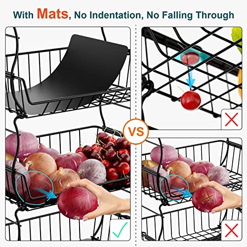 Onion and Potato Storage, Packism 4 Tier Fruit Vegetable Storage Basket with Protective Mats, Rolling Cart Vegetable Storage with Lockable Wheels for Kitchen, Bathroom, Pantry - Black