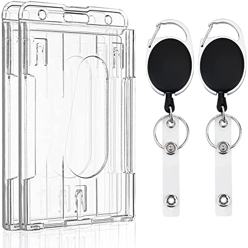 Pawfly Vertical 2-Card Badge Holder with Thumb Slots Hard Transparent PC Case Protector with Retractable Badge Reel Carabiner Clip for IDs Credit Cards Driver’s Licenses and Passes, 2 Pack