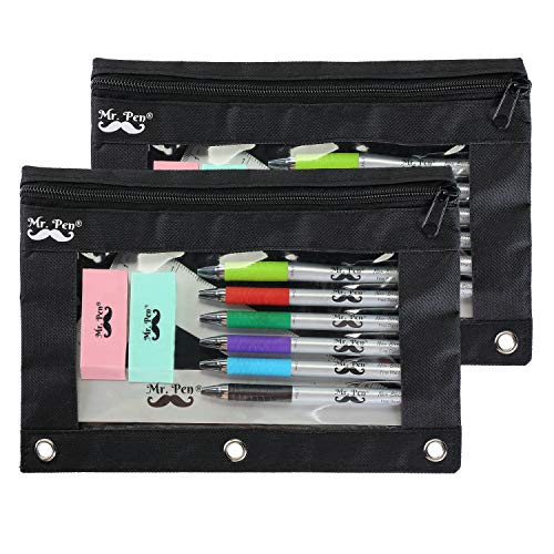 Mr. Pen Fabric Pencil Pouch with 3 Binder Holes, Black, Set of 2