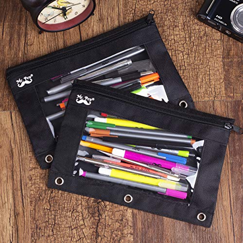 Mr. Pen Fabric Pencil Pouch with 3 Binder Holes, Black, Set of 2