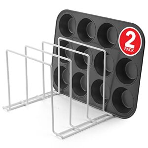 stock your home white (2 pack) steel baking pan organizer rack for cabinet or counter, holder for kitchen cutting boards, pot lids, or cookie sheets – rust proof wire, drying storage