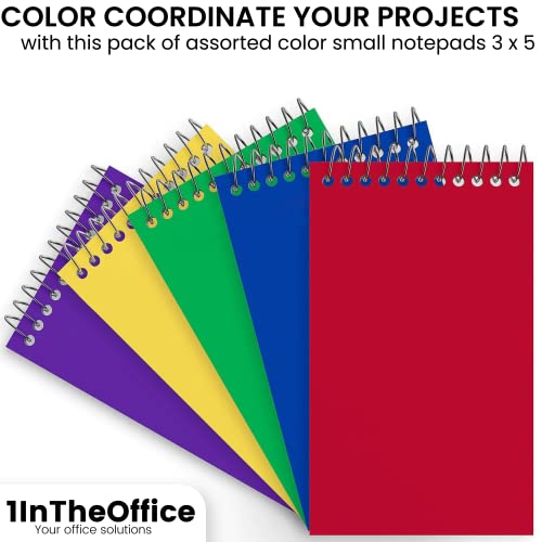 1InTheOffice Wirebound Spiral Memo Books, Memo Pads, 3" x 5", College Ruled, Small Notepad 3x5, Assorted, 75 Sheets/Pad, 5 Pads/Pack (5)