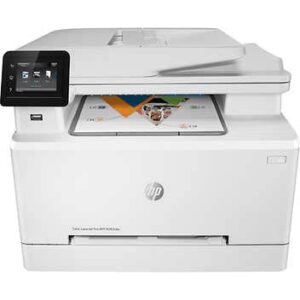 hp color laserjet pro m283cdw aio – scan copy fax -wireless laser printer, touchscreen, up to 600 x 600 dpi, 50-sheet adf, 22 ppm, duplex printing, white, with printer cable