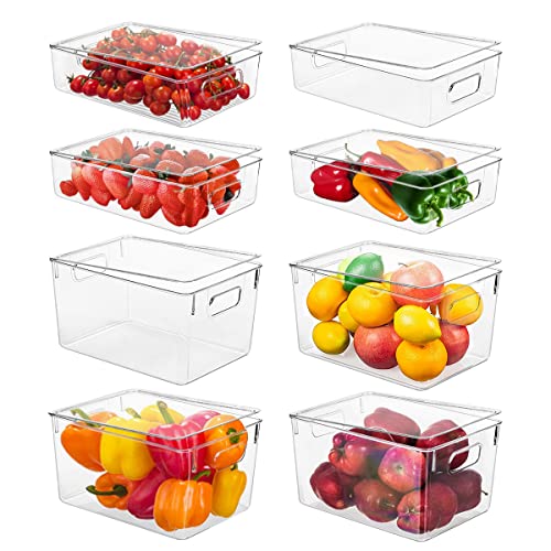 Refrigerator Organizer Bins with Lid, 8 Pack Plastic Freezer Organizer Bins for Freezer, Kitchen, Cabinets - Clear Pantry Organization and Storage Bins Fridge Organizers by GOLIYEAN (8 Pack)