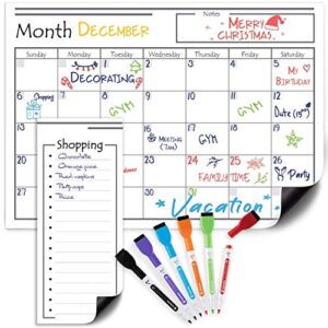 Magnetic Dry Erase Calendar Set | 2pk Monthly Fridge Calendar White Board Planner Organizer, Magnet Grocery List, 6 Color Markers |2022 Magnetic Calendar for Fridge, Family Kitchen, Office, Classroom