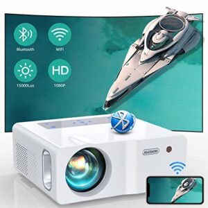 native 1080p 5g wifi bluetooth projector,15000l 450 ansi outdoor movie projector 4k support and max 450″ display, led home theater video projector compatible with ios/android/win/tv stick/ps5 white