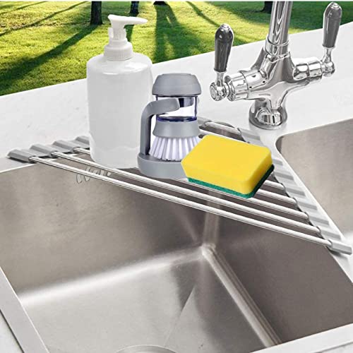 SHUYUE Triangle Dish Drying Rack for Sink Corner Roll Up Dish Drying Rack Folding Stainless Steel Multipurpose Over The Sink Corner Dish Drainer Mat for Kitchen (Grey)