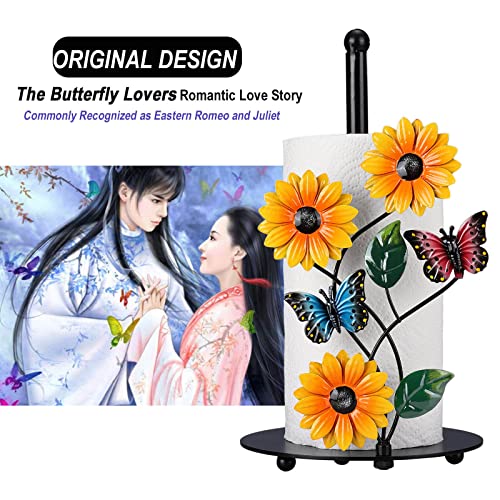 Sunflower Kitchen Paper Towel Holder - Yellow Home Kitchen Decor Accessories - Hegivoc Black Metal Farmhouse Large Towel Stand for Countertops - The Butterfly Lovers