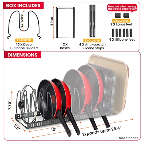 Better Things Home Expandable Pot and Pan Organizer Rack for Cabinet, Pot Lid Organizer Holder with 10 Adjustable Dividers, Anti-Scratch Padding - For Baking Sheet Organizer, Frying Pan Storage (Grey)