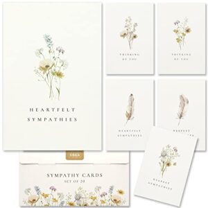 kibaga beautiful sympathy cards set of 20 with envelopes and stickers – perfect bulk set to express your condolences – tasteful floral and feather assortment w/a simple heartfelt note of condolence