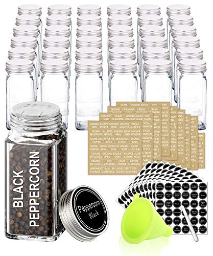 SWOMMOLY 36 Glass Spice Jars with 703 Spice Labels, Empty Square Spice Bottles 4 oz with Pour/Sift Shaker Lid, Airtight Cap, Chalk Marker and Funnel Complete Set