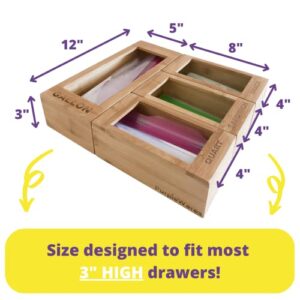 PurpleWares Food Storage Bags Holders – Premium Bamboo Kitchen Drawer Plastic Bag Organizer Dispenser Home Organization Compatible with Gallon, Quart, Sandwich & Snack Variety Size Bags (4 Piece Set)