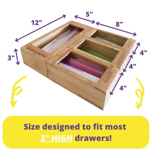 PurpleWares Food Storage Bags Holders – Premium Bamboo Kitchen Drawer Plastic Bag Organizer Dispenser Home Organization Compatible with Gallon, Quart, Sandwich & Snack Variety Size Bags (4 Piece Set)