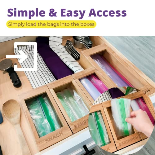 PurpleWares Food Storage Bags Holders – Premium Bamboo Kitchen Drawer Plastic Bag Organizer Dispenser Home Organization Compatible with Gallon, Quart, Sandwich & Snack Variety Size Bags (4 Piece Set)