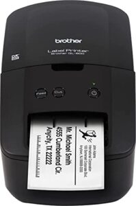 brother ql-600 economic desktop wired label printer, black – usb connectivity – up to 2.4″ wide, 300 x 600 dpi, 44 labels per minute, automatic cutter label maker for home and office