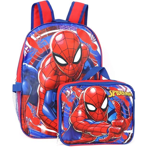 Ruz Spiderman Boys 16 Inch Backpack With Removable Matching Lunch Box Set (Red-Blue)