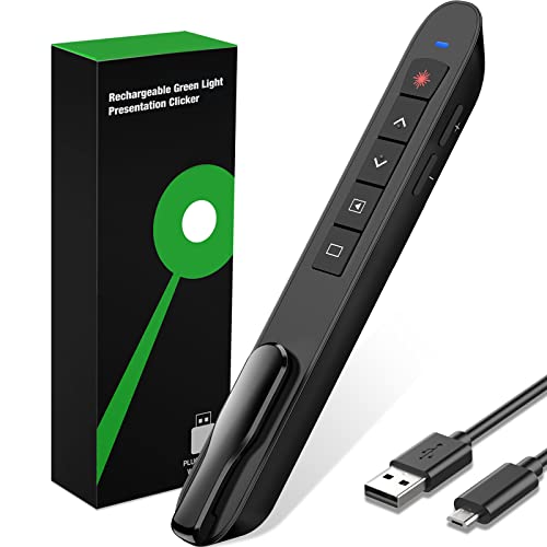 Presentation Clicker Green Laser Pointer, Rechargeable PowerPoint Clicker Wireless Presenter Remote, RF 2.4GHz USB Presentation Pointer Slide Advancer with Hyperlink Volume Control for Mac Computer