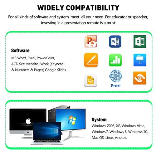 Presentation Clicker Green Laser Pointer, Rechargeable PowerPoint Clicker Wireless Presenter Remote, RF 2.4GHz USB Presentation Pointer Slide Advancer with Hyperlink Volume Control for Mac Computer