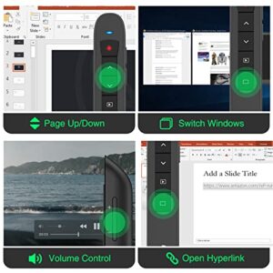 Presentation Clicker Green Laser Pointer, Rechargeable PowerPoint Clicker Wireless Presenter Remote, RF 2.4GHz USB Presentation Pointer Slide Advancer with Hyperlink Volume Control for Mac Computer
